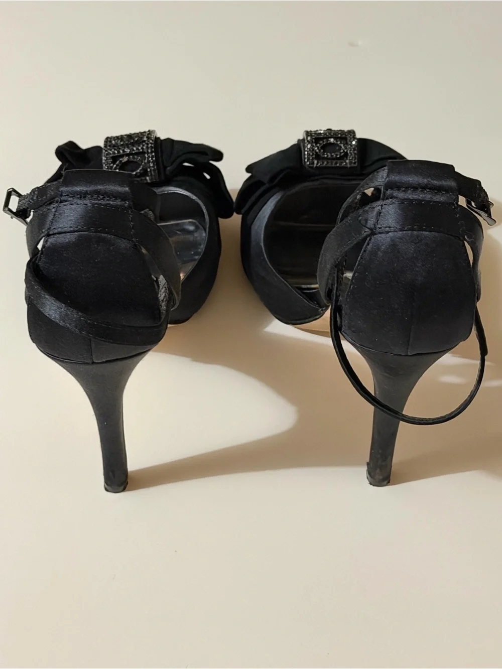 Badgley Mischka Vogue Black Satin Crystal D’Orsay 4” Stiletto Heels | Size 9